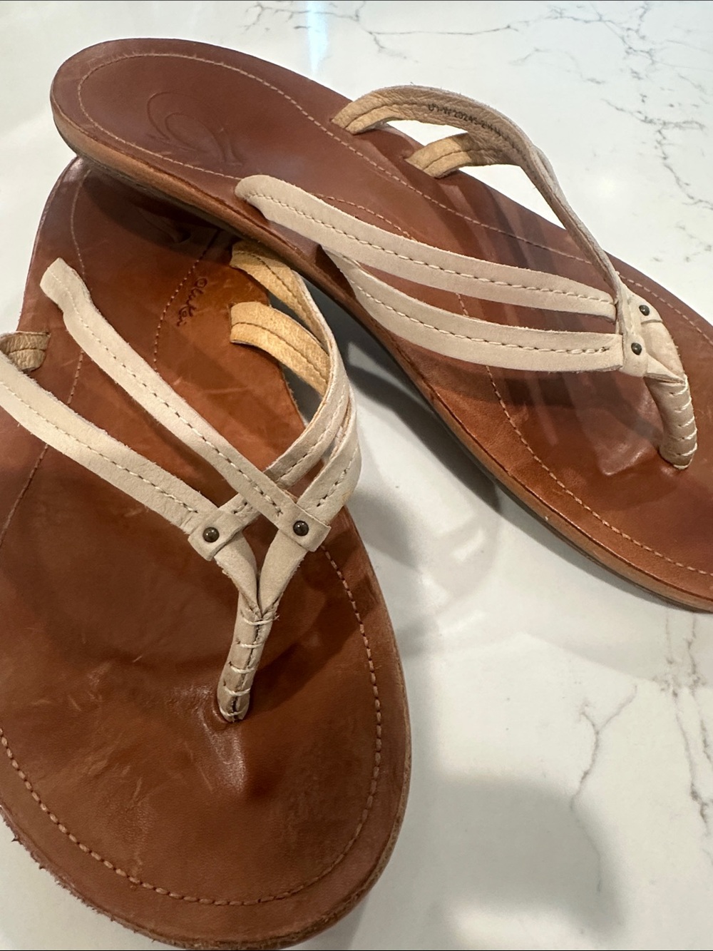 OluKai Women's Brown Leather Sandals with Cream Straps - Picture 2 of 7